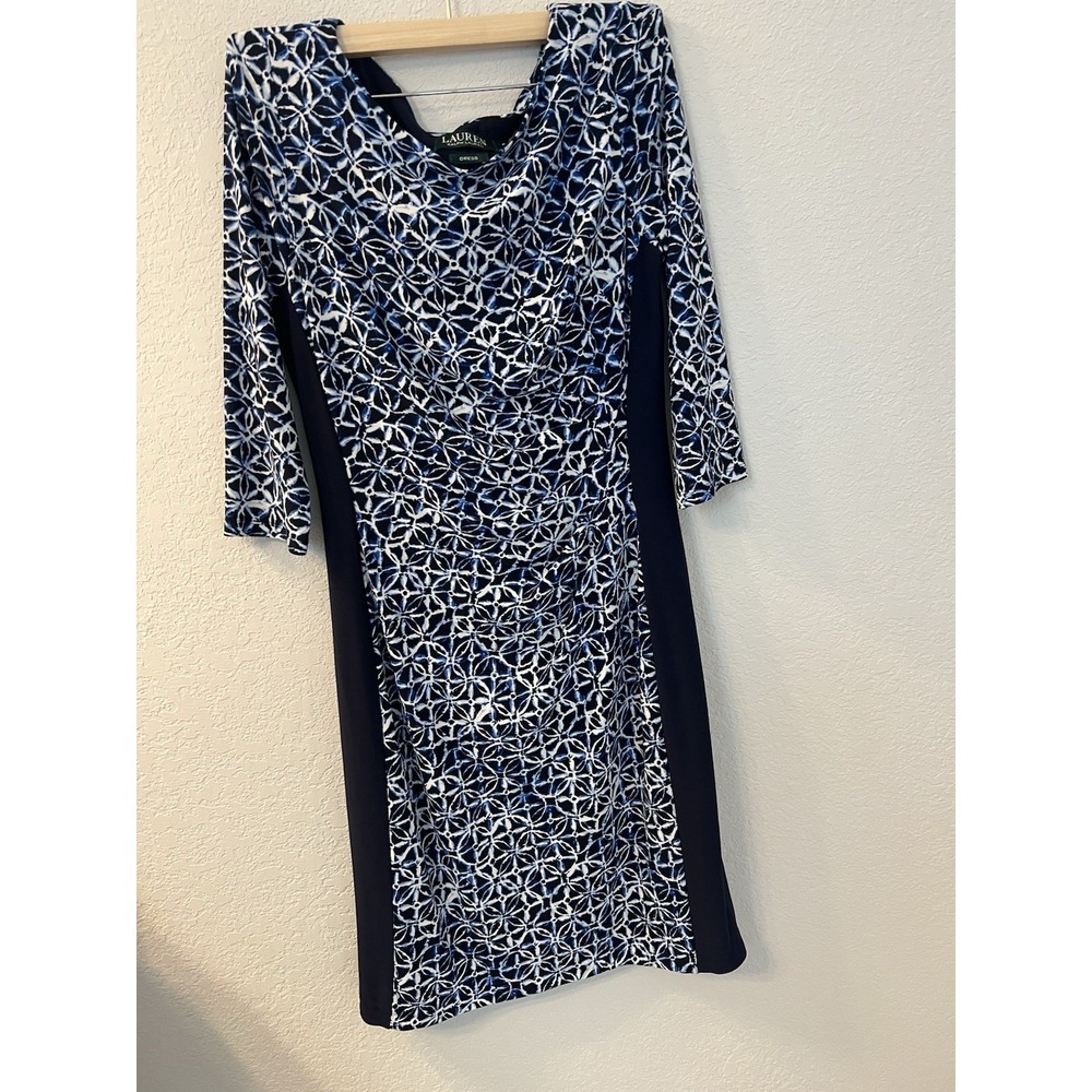 Ralph Lauren S 8 Navy Blue White Geo Sheath dress Career Cocktail Ruched